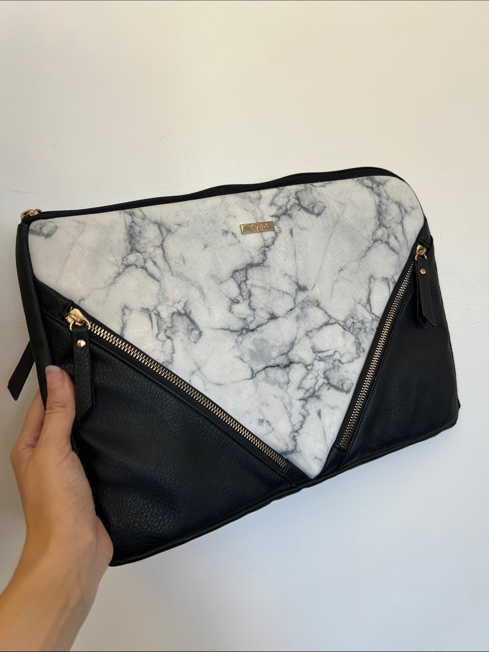 Black and White Marble Accent Faux Leather Black Laptop Case Travel Pouch Bag
